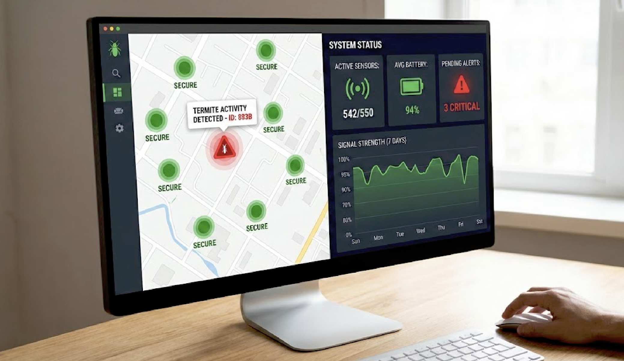 TermiSens centralized monitoring dashboard showing sensor map, system status, and signal strength